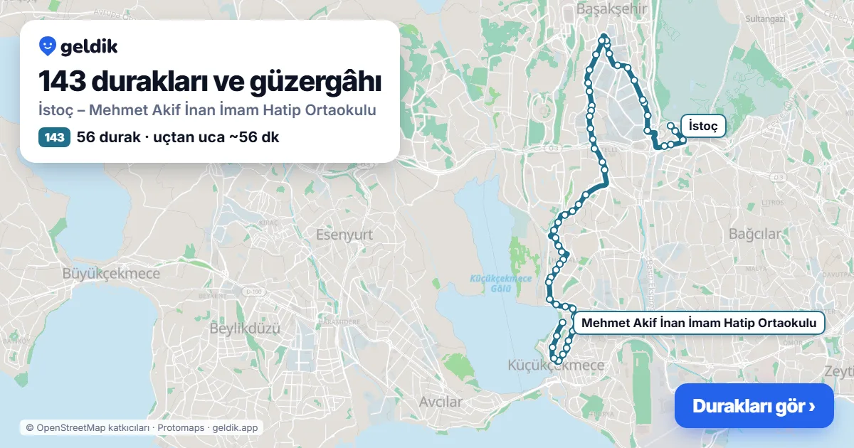 143 otobüs güzergâhı haritası: İstoç – Mehmet Akif İnan İmam Hatip Ortaokulu, 56 durak