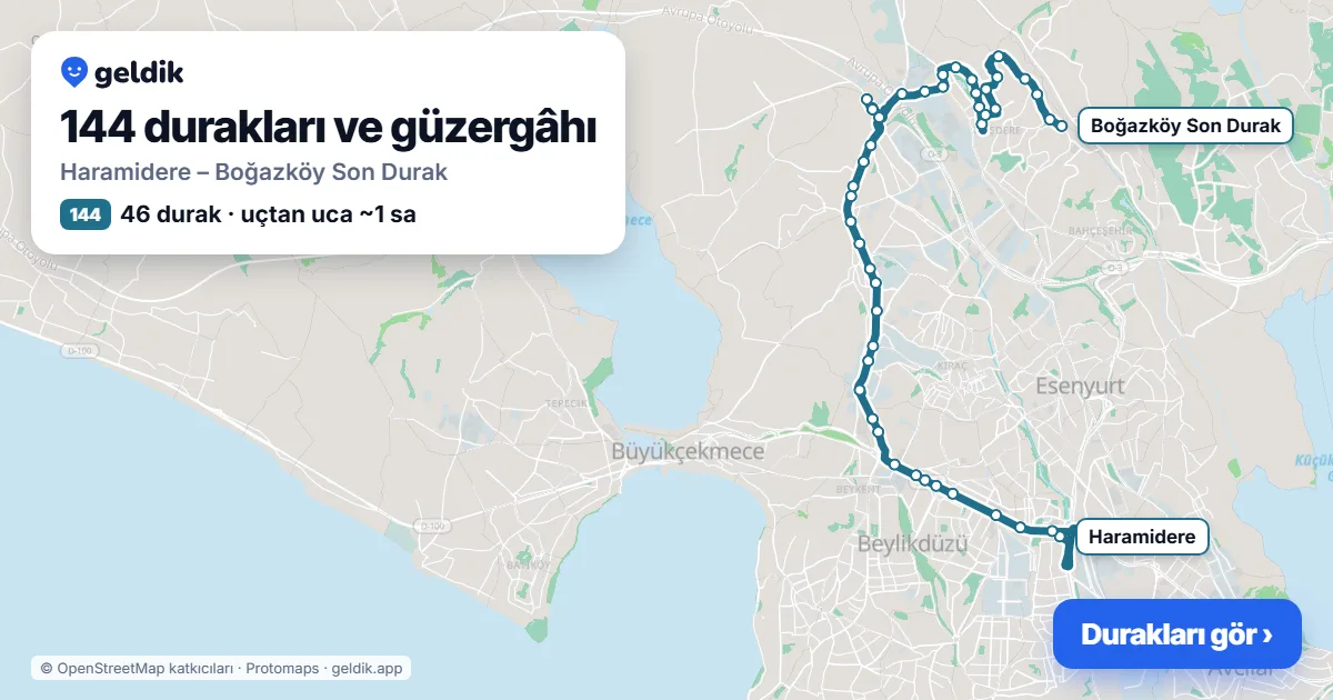 144 otobüs güzergâhı haritası: Haramidere – Boğazköy Son Durak, 46 durak