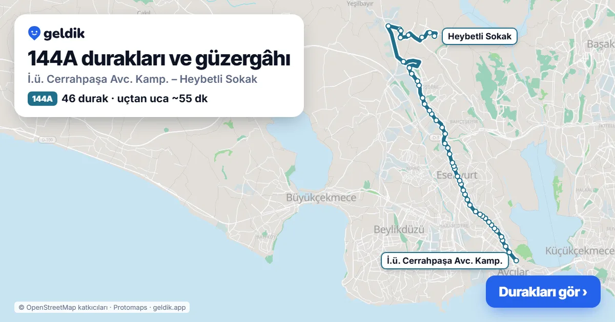 144A otobüs güzergâhı haritası: İ.ü. Cerrahpaşa Avc. Kamp. – Heybetli Sokak, 46 durak