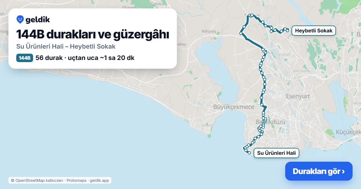 144B otobüs güzergâhı haritası: Su Ürünleri Hali – Heybetli Sokak, 56 durak