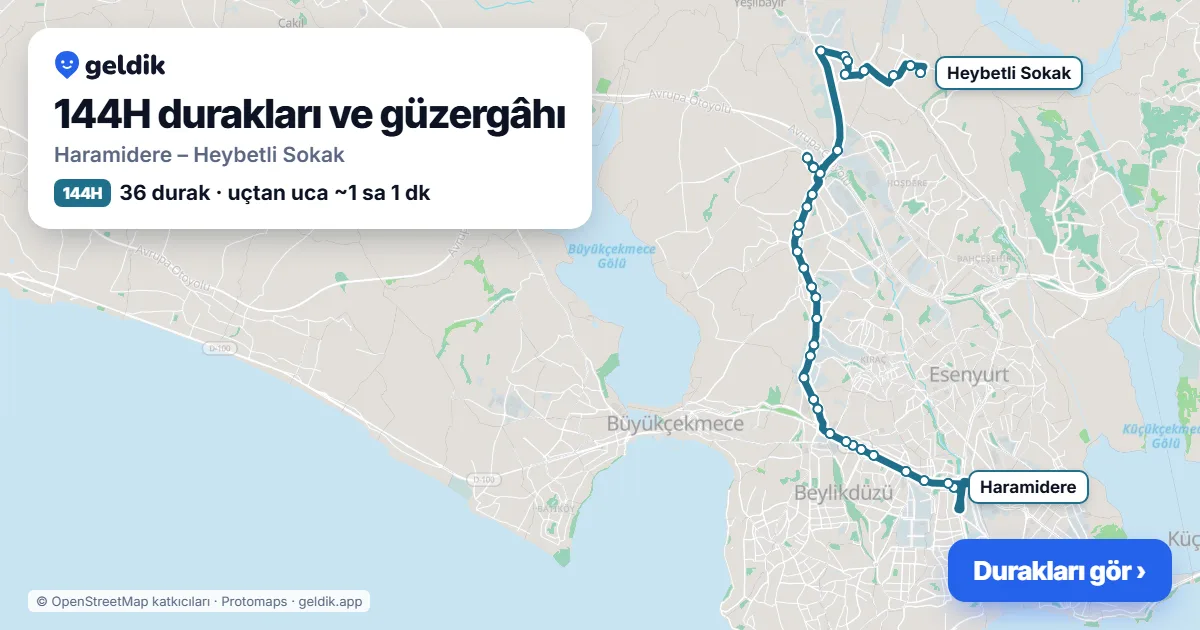 144H otobüs güzergâhı haritası: Haramidere – Heybetli Sokak, 36 durak