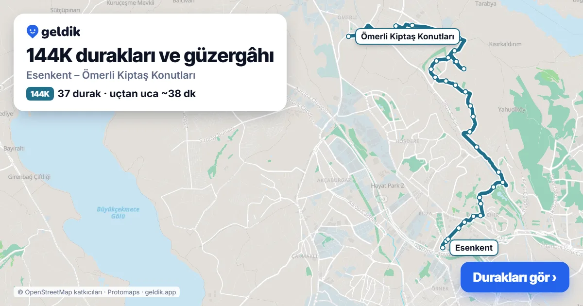 144K bus route map: Esenkent – Ömerli Kiptaş Konutları, 37 stops