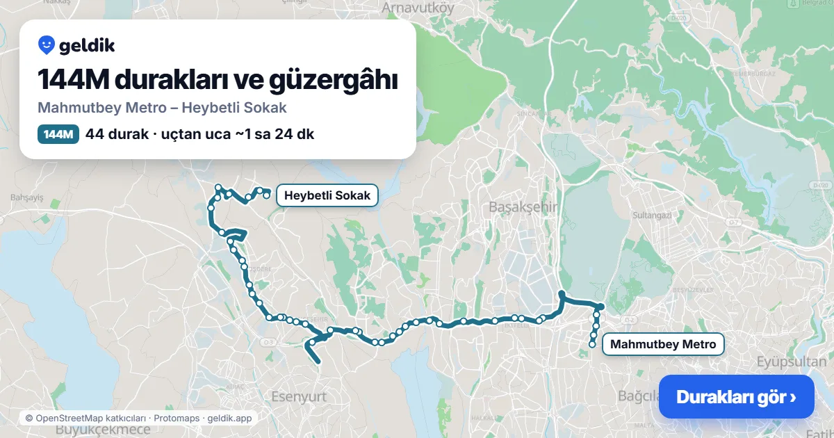 144M otobüs güzergâhı haritası: Mahmutbey Metro – Heybetli Sokak, 44 durak
