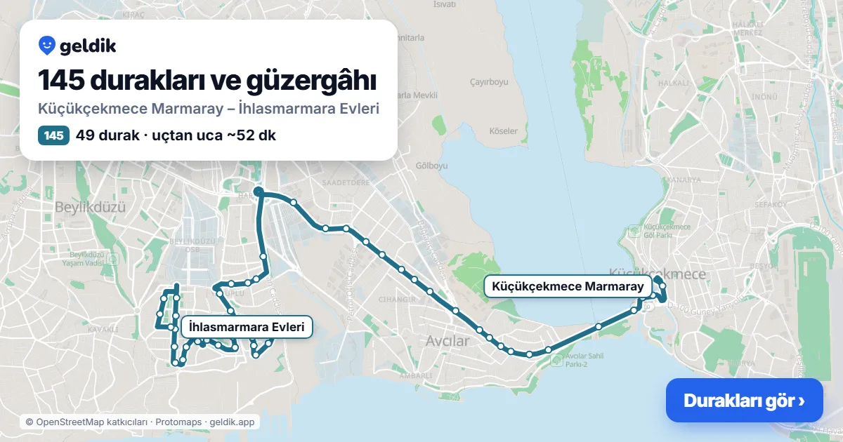 145 otobüs güzergâhı haritası: Küçükçekmece Marmaray – İhlasmarmara Evleri, 49 durak