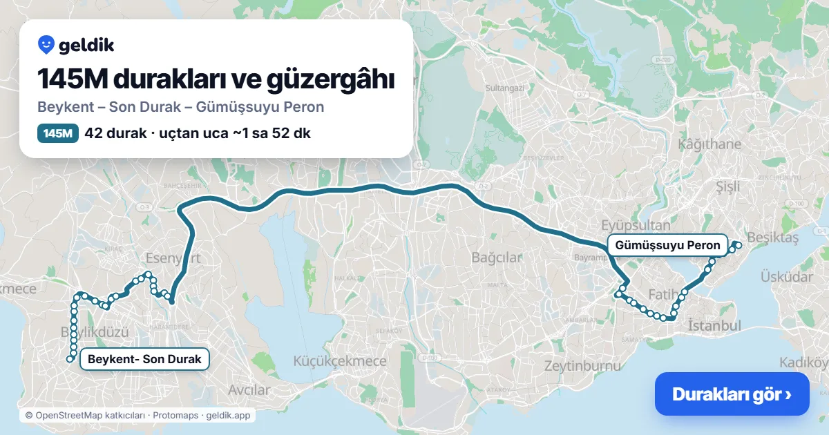 145M otobüs güzergâhı haritası: Beykent – Son Durak – Gümüşsuyu Peron, 42 durak