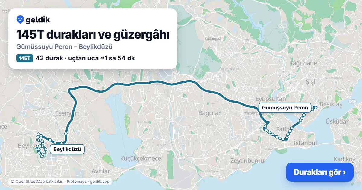 145T otobüs güzergâhı haritası: Gümüşsuyu Peron – Beylikdüzü, 42 durak