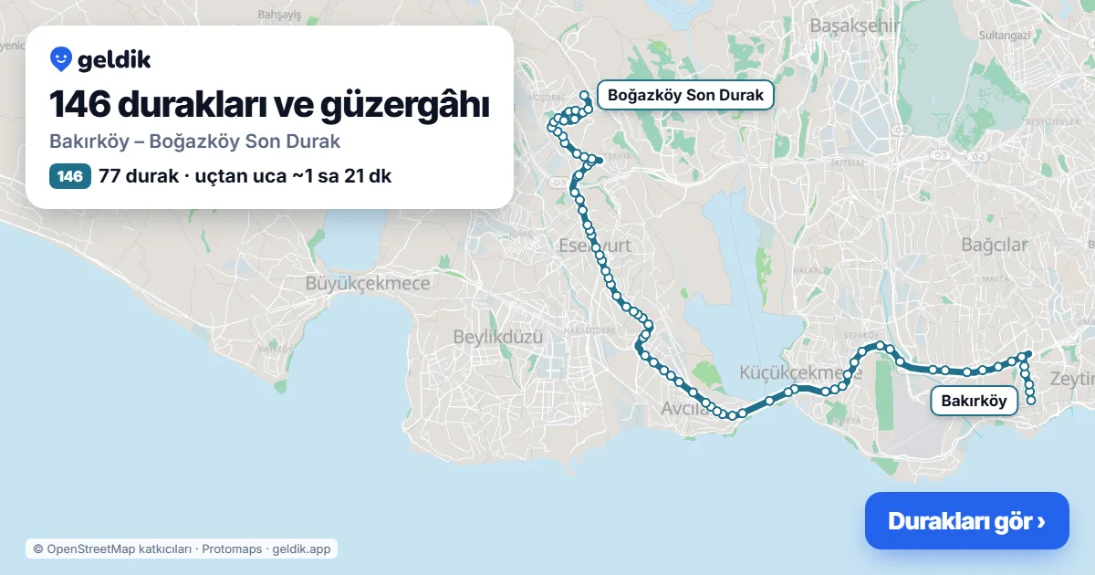 146 otobüs güzergâhı haritası: Bakırköy – Boğazköy Son Durak, 77 durak