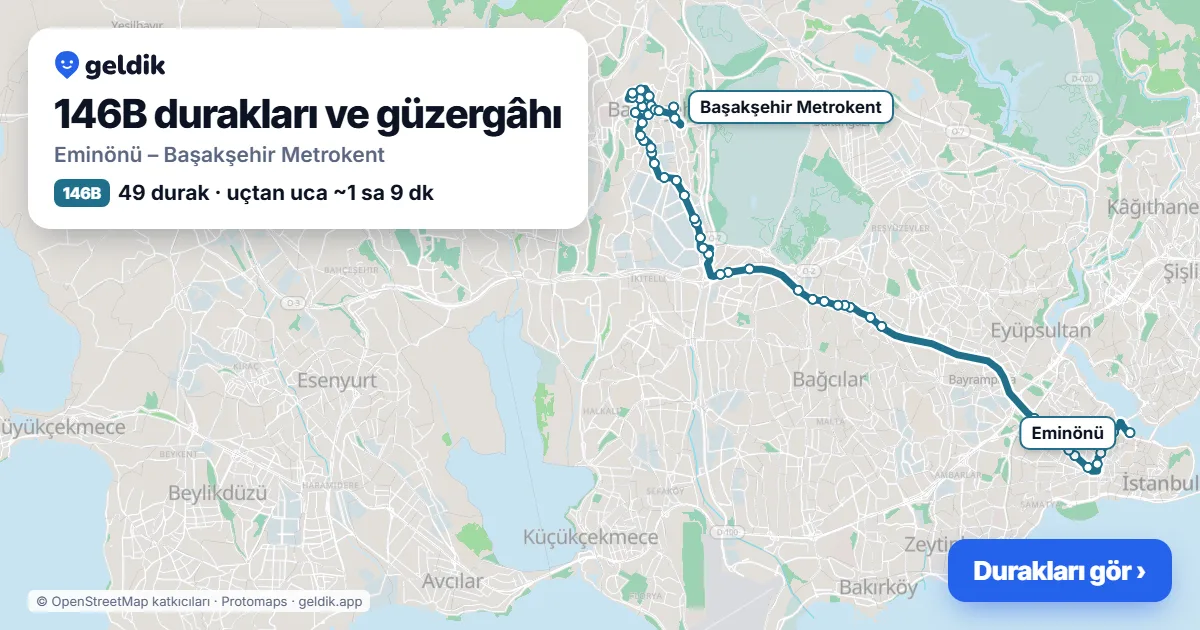 146B bus route map: Eminönü – Başakşehir Metrokent, 49 stops