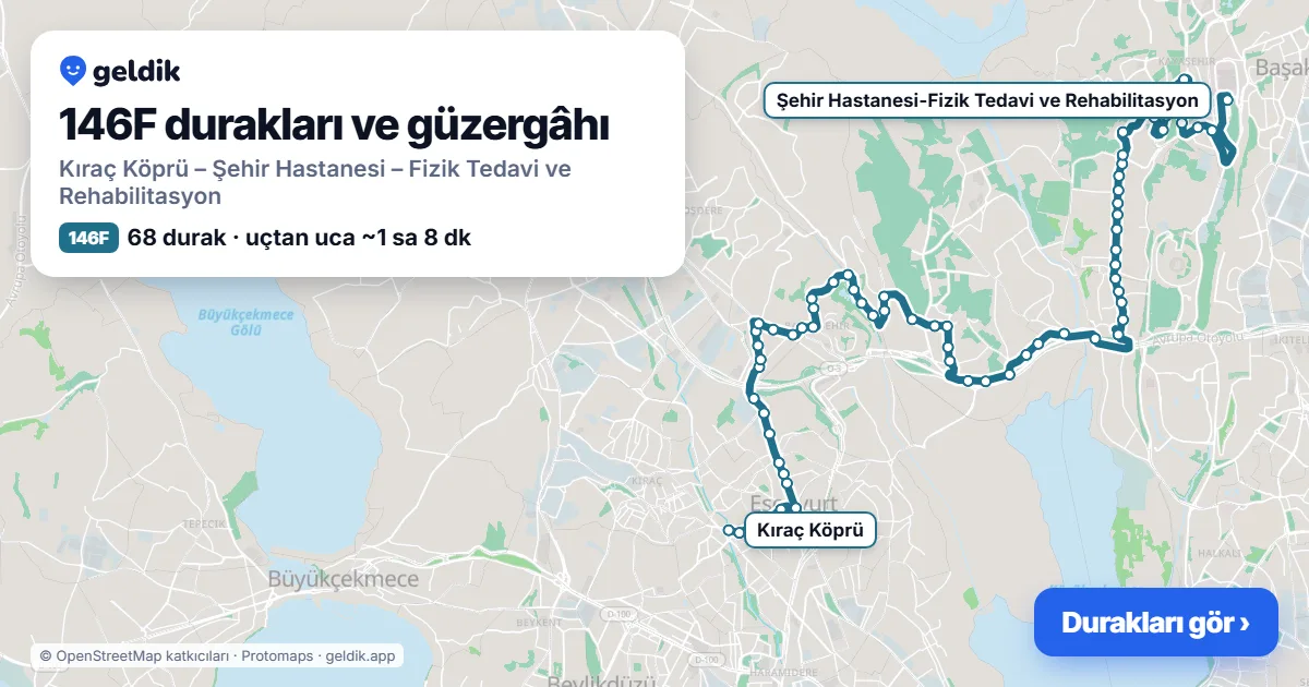 146F otobüs güzergâhı haritası: Kıraç Köprü – Şehir Hastanesi – Fizik Tedavi ve Rehabilitasyon, 68 durak