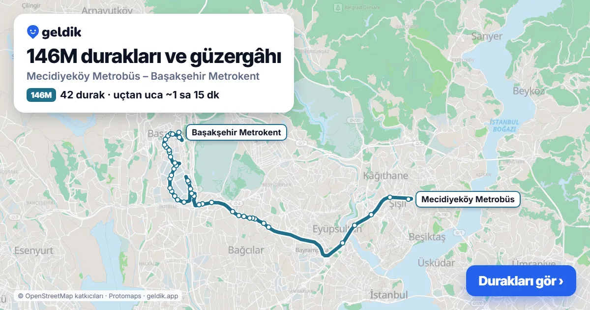 146M otobüs güzergâhı haritası: Mecidiyeköy Metrobüs – Başakşehir Metrokent, 42 durak