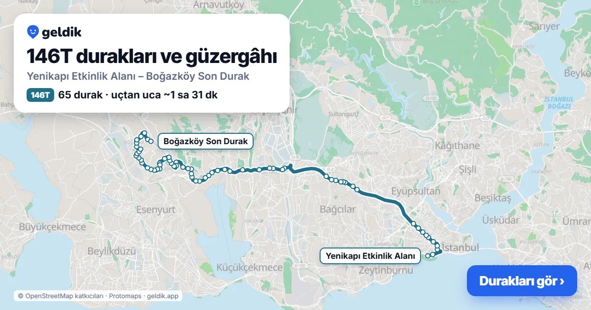 146T otobüs güzergâhı haritası: Yenikapı Etkinlik Alanı – Boğazköy Son Durak, 65 durak