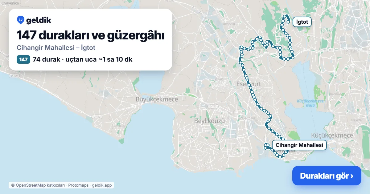 147 otobüs güzergâhı haritası: Cihangir Mahallesi – İgtot, 74 durak
