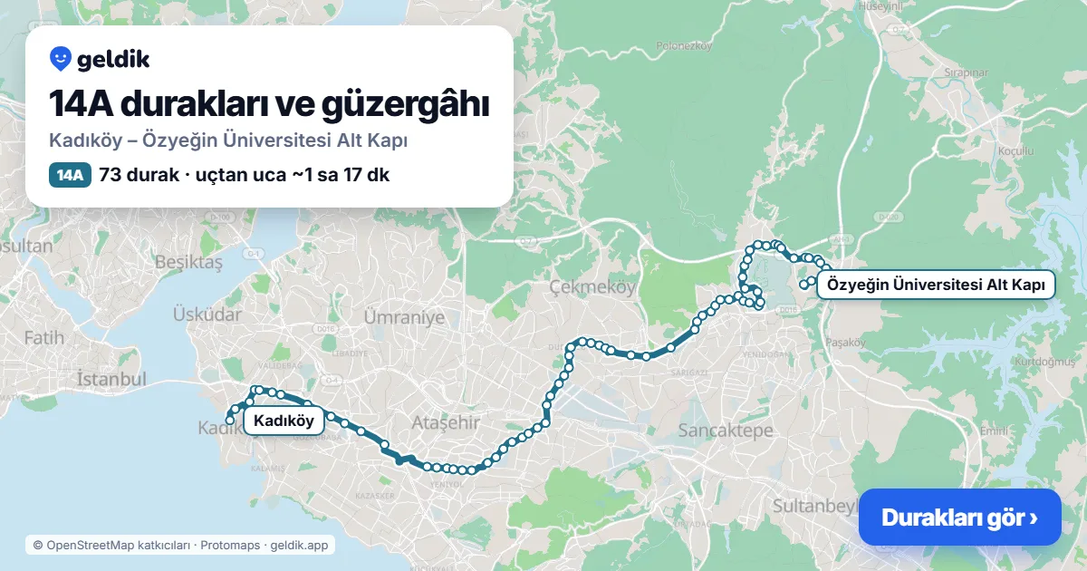 14A otobüs güzergâhı haritası: Kadıköy – Özyeğin Üniversitesi Alt Kapı, 73 durak