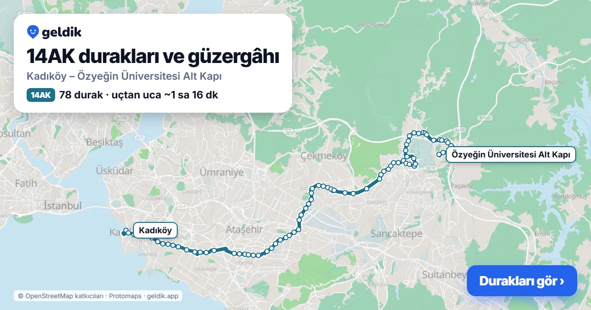 14AK otobüs güzergâhı haritası: Kadıköy – Özyeğin Üniversitesi Alt Kapı, 78 durak