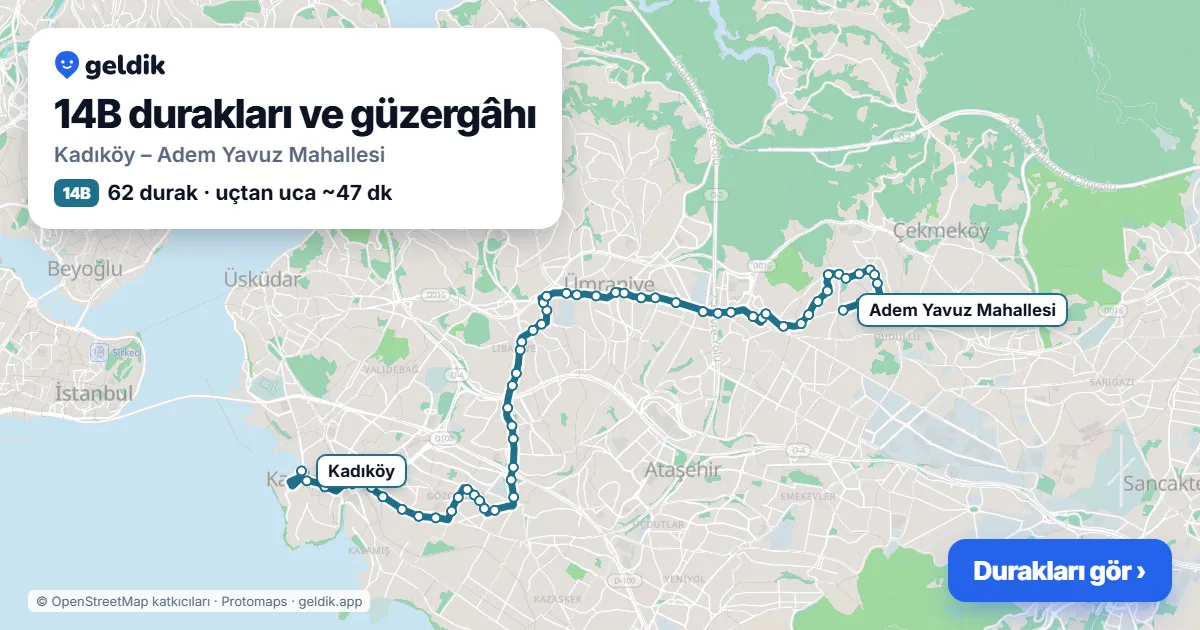 14B otobüs güzergâhı haritası: Kadıköy – Adem Yavuz Mahallesi, 62 durak