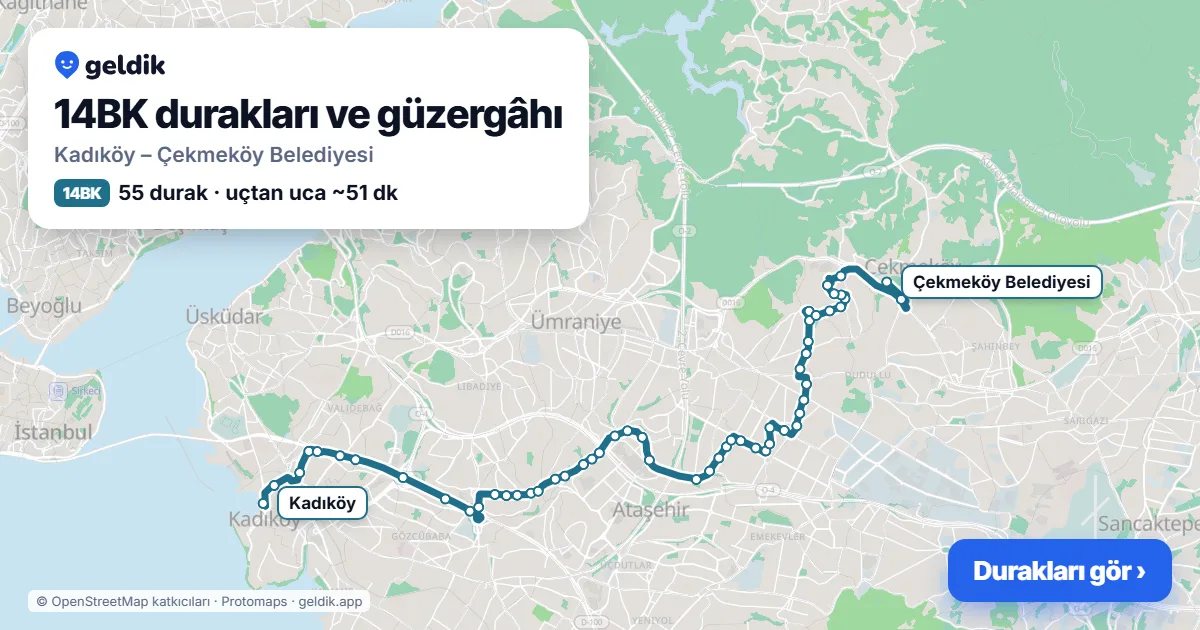 14BK bus route map: Kadıköy – Çekmeköy Belediyesi, 55 stops
