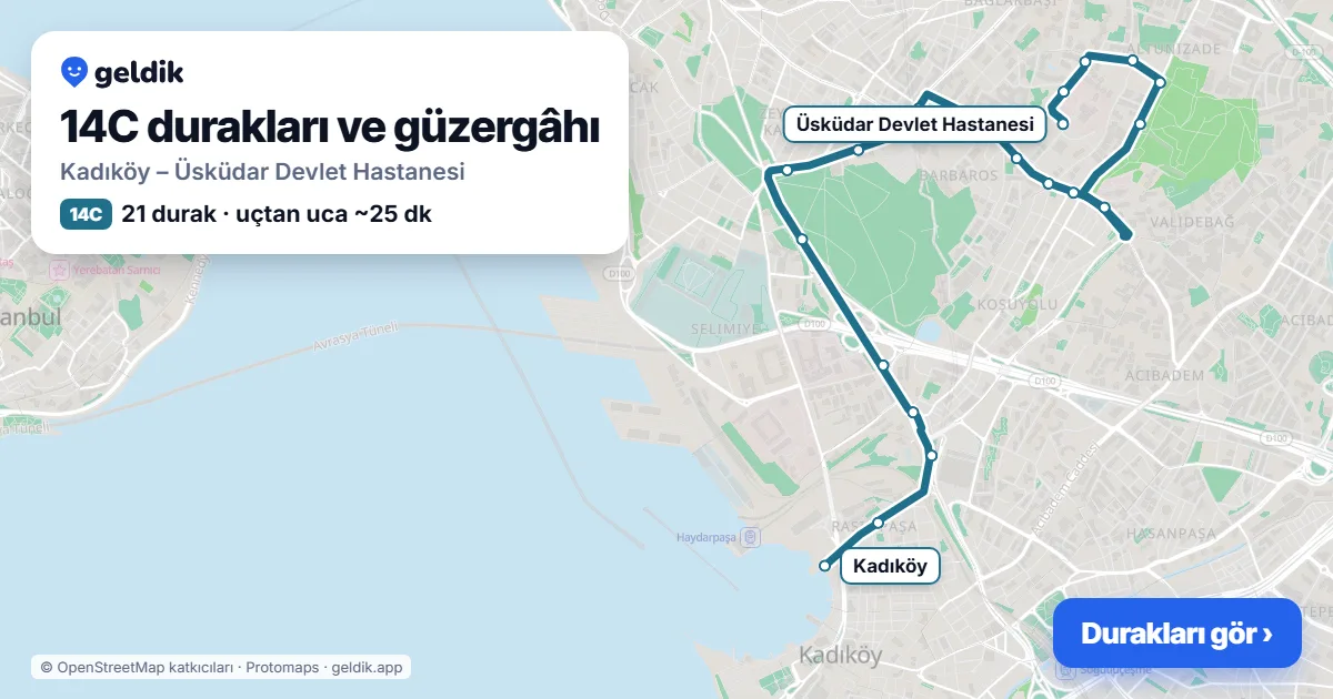 14C otobüs güzergâhı haritası: Kadıköy – Üsküdar Devlet Hastanesi, 21 durak