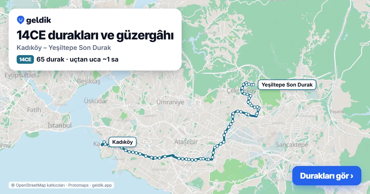 14CE otobüs güzergâhı haritası: Kadıköy – Yeşiltepe Son Durak, 65 durak