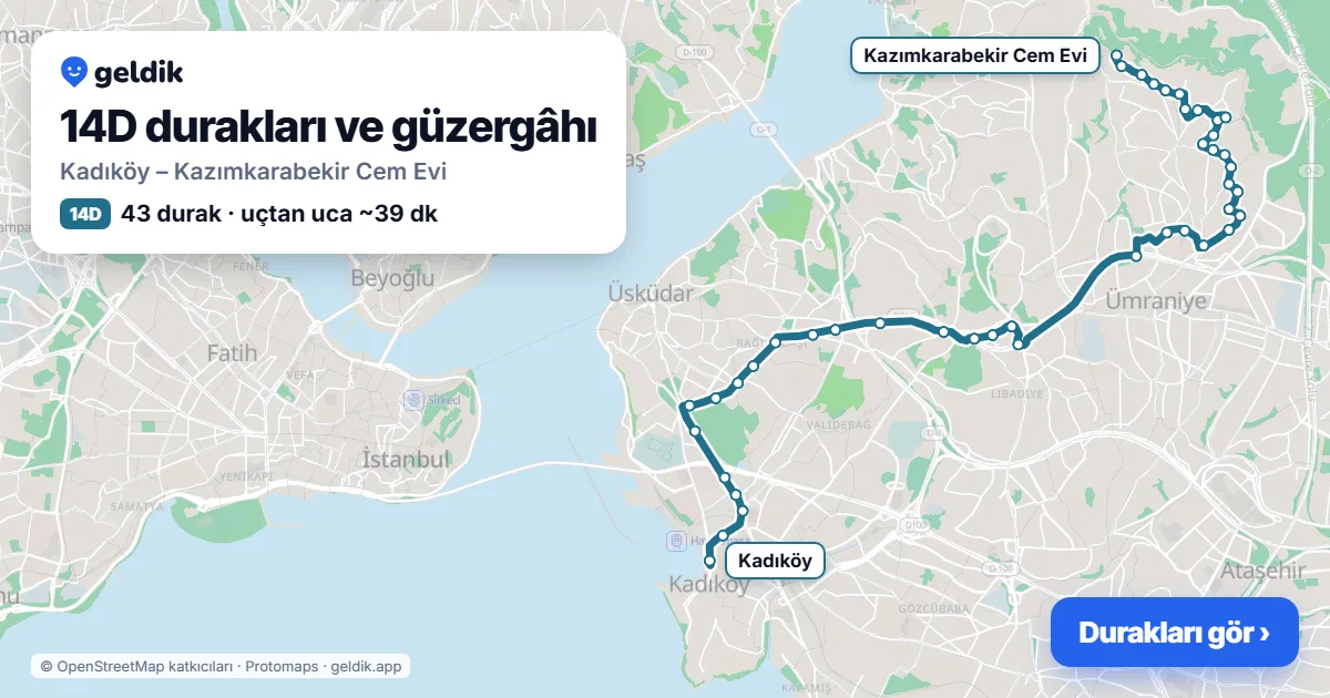 14D otobüs güzergâhı haritası: Kadıköy – Kazımkarabekir Cem Evi, 43 durak