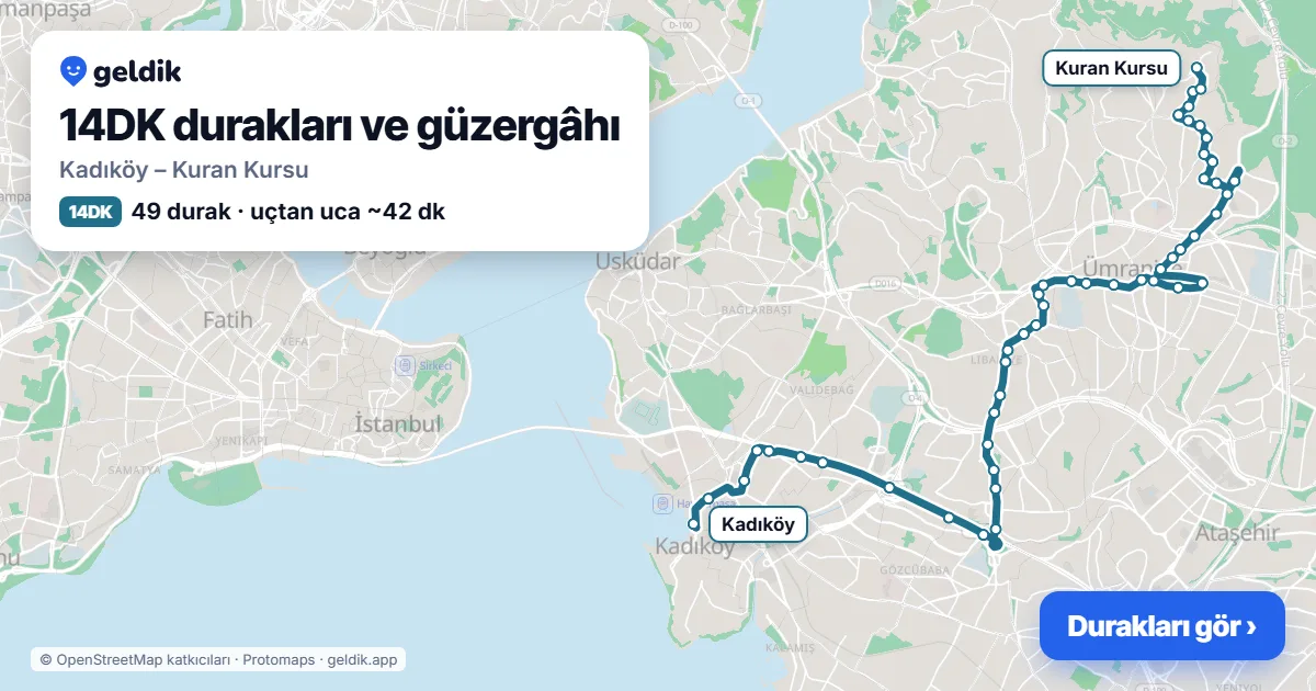 14DK otobüs güzergâhı haritası: Kadıköy – Kuran Kursu, 49 durak