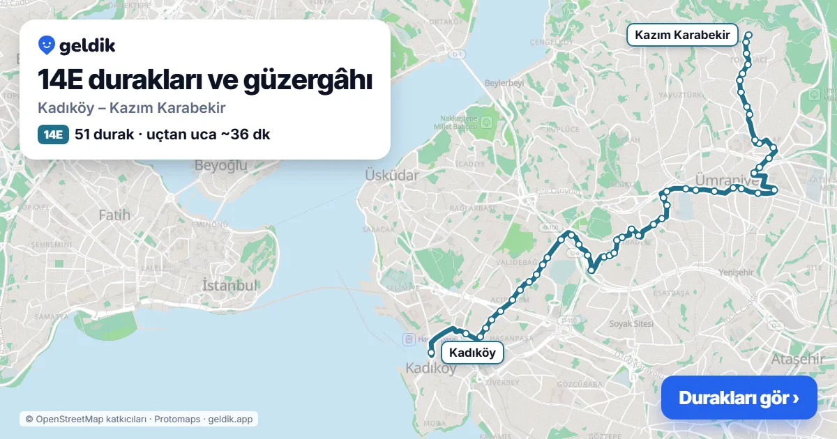 14E otobüs güzergâhı haritası: Kadıköy – Kazım Karabekir, 51 durak