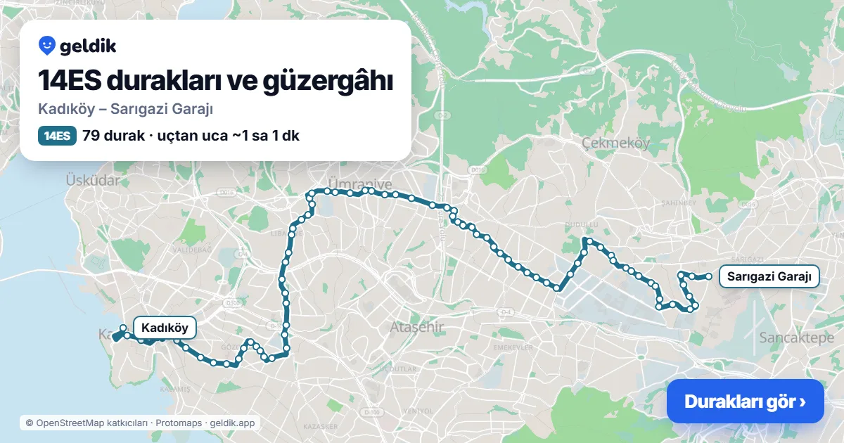 14ES otobüs güzergâhı haritası: Kadıköy – Sarıgazi Garajı, 79 durak