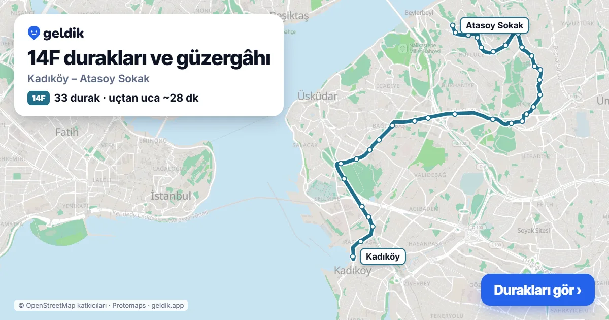 14F otobüs güzergâhı haritası: Kadıköy – Atasoy Sokak, 33 durak