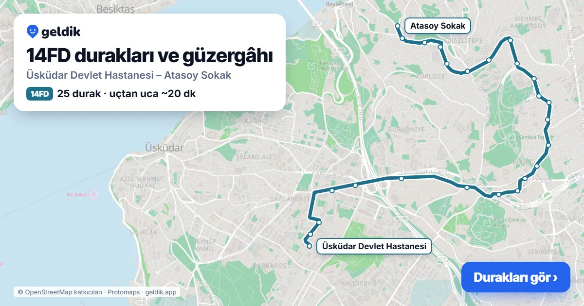 14FD otobüs güzergâhı haritası: Üsküdar Devlet Hastanesi – Atasoy Sokak, 25 durak