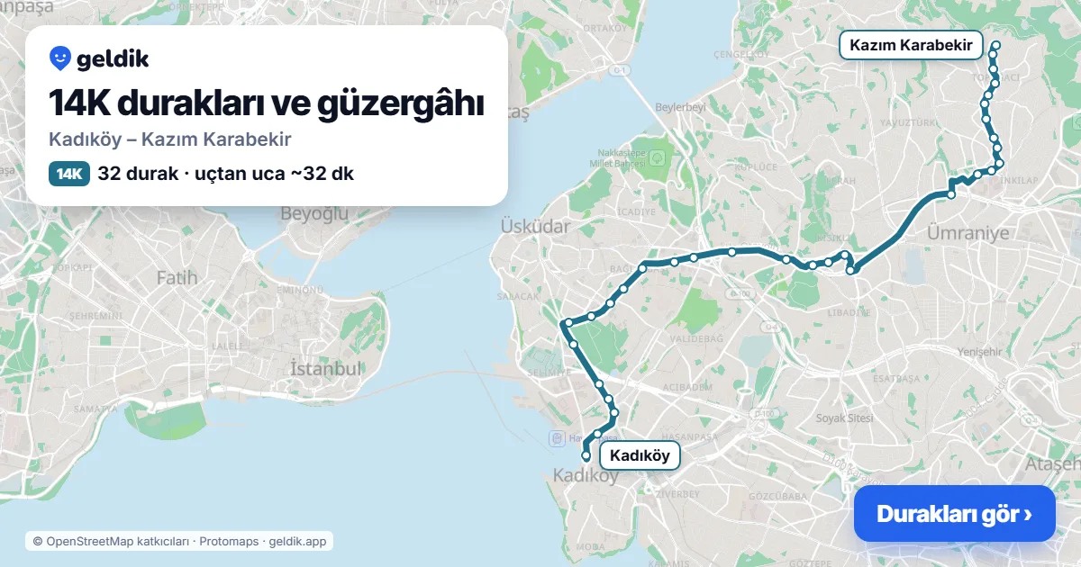 14K otobüs güzergâhı haritası: Kadıköy – Kazım Karabekir, 32 durak