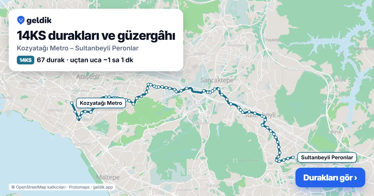 14KS otobüs güzergâhı haritası: Kozyatağı Metro – Sultanbeyli Peronlar, 67 durak