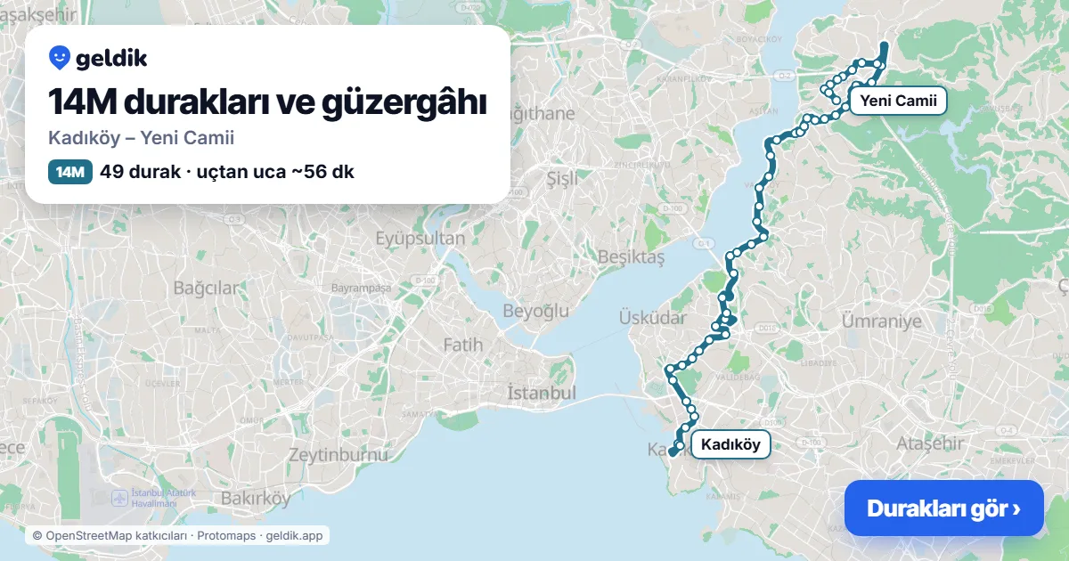 14M otobüs güzergâhı haritası: Kadıköy – Yeni Camii, 49 durak
