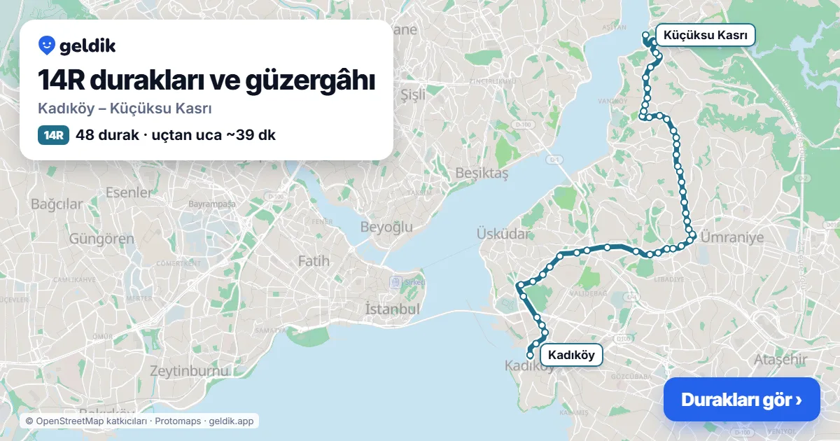 14R otobüs güzergâhı haritası: Kadıköy – Küçüksu Kasrı, 48 durak