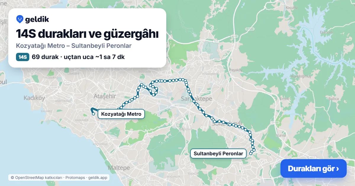 14S otobüs güzergâhı haritası: Kozyatağı Metro – Sultanbeyli Peronlar, 69 durak