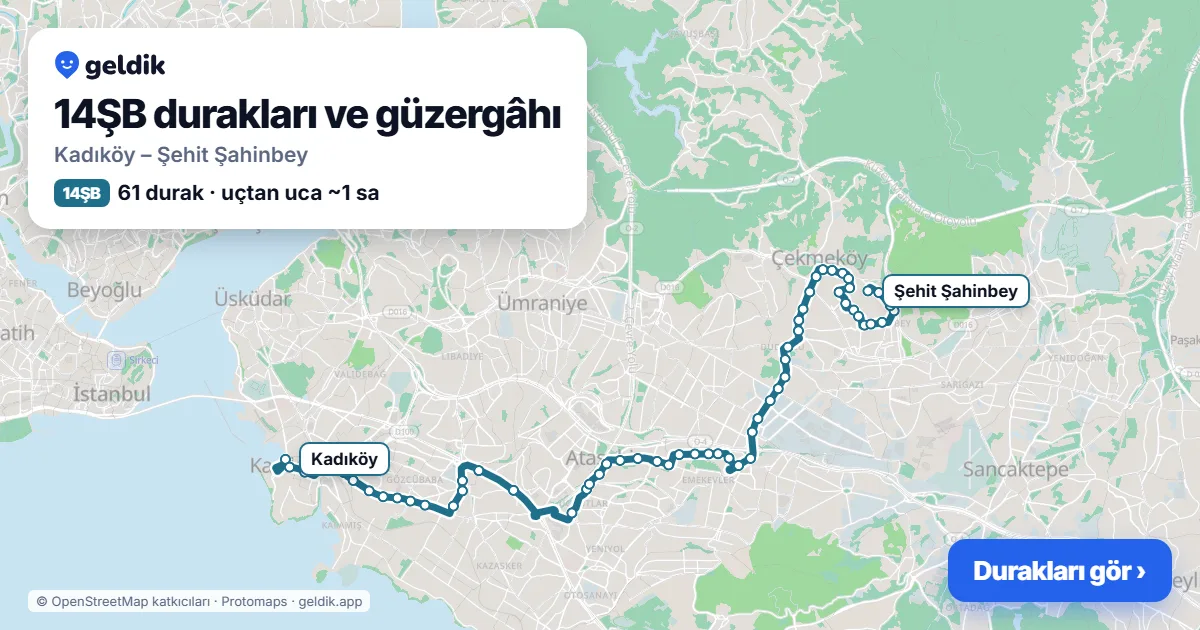 14ŞB bus route map: Kadıköy – Şehit Şahinbey, 61 stops