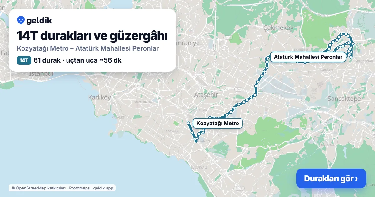 14T bus route map: Kozyatağı Metro – Atatürk Mahallesi Peronlar, 61 stops