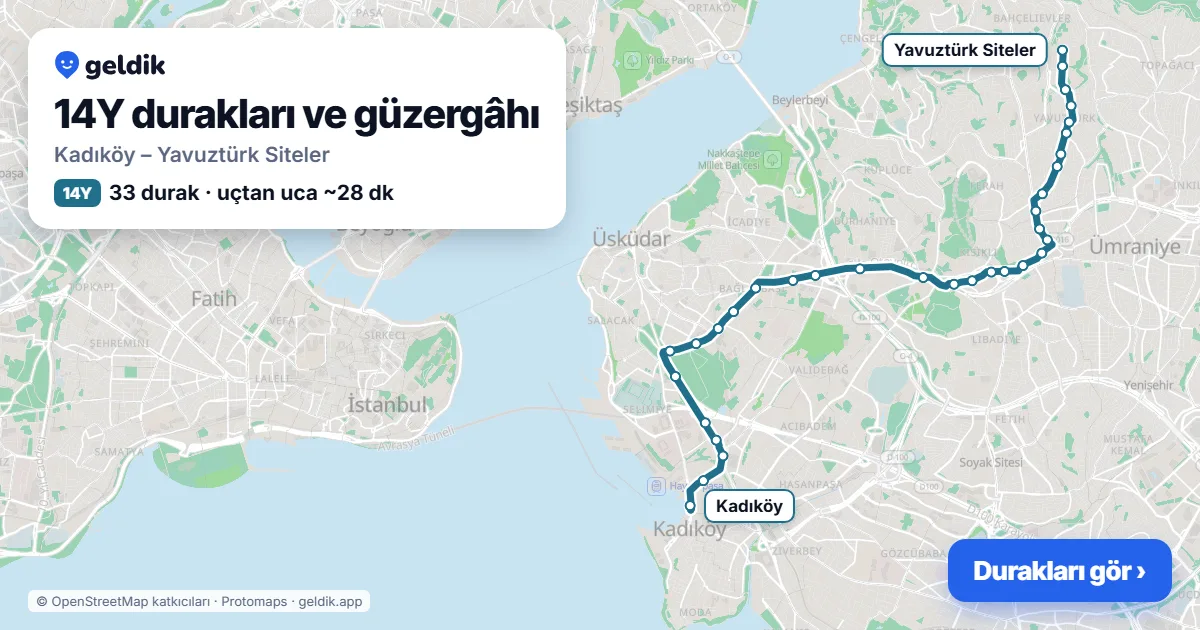 14Y otobüs güzergâhı haritası: Kadıköy – Yavuztürk Siteler, 33 durak