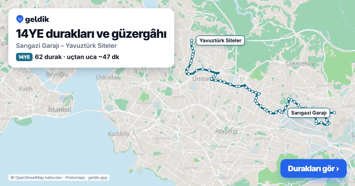14YE otobüs güzergâhı haritası: Sarıgazi Garajı – Yavuztürk Siteler, 62 durak