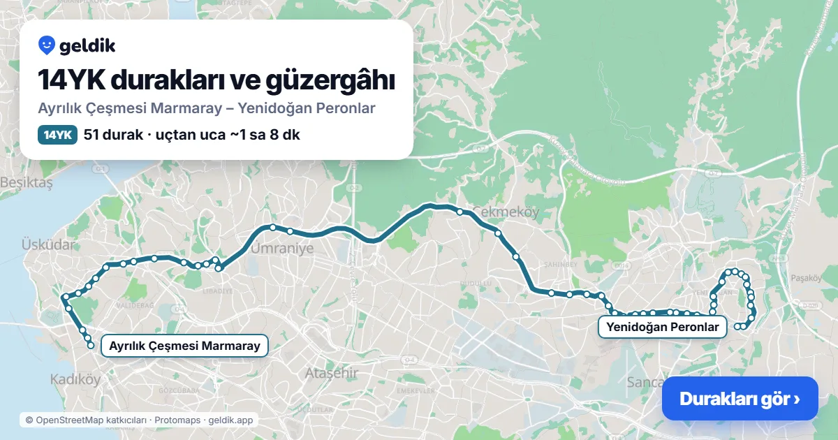 14YK otobüs güzergâhı haritası: Ayrılık Çeşmesi Marmaray – Yenidoğan Peronlar, 51 durak