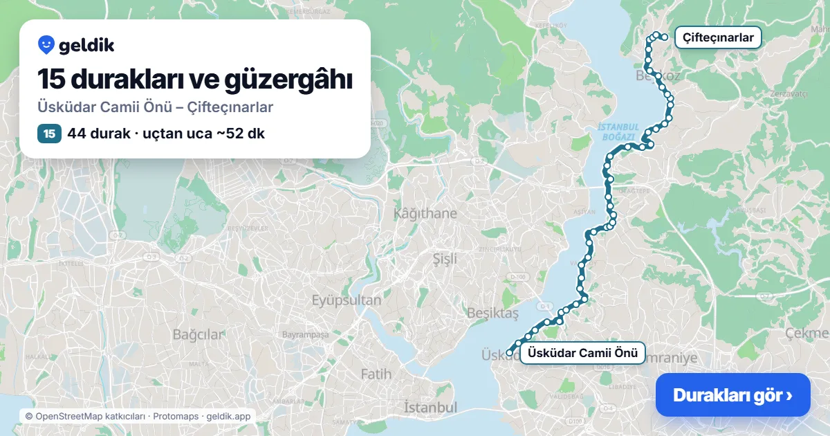 15 otobüs güzergâhı haritası: Üsküdar Camii Önü – Çifteçınarlar, 44 durak
