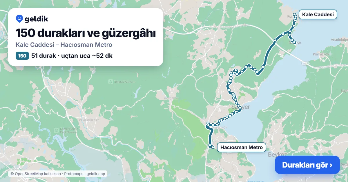 150 otobüs güzergâhı haritası: Kale Caddesi – Hacıosman Metro, 51 durak