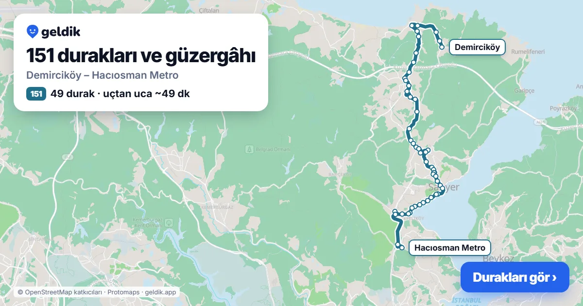 151 otobüs güzergâhı haritası: Demirciköy – Hacıosman Metro, 49 durak