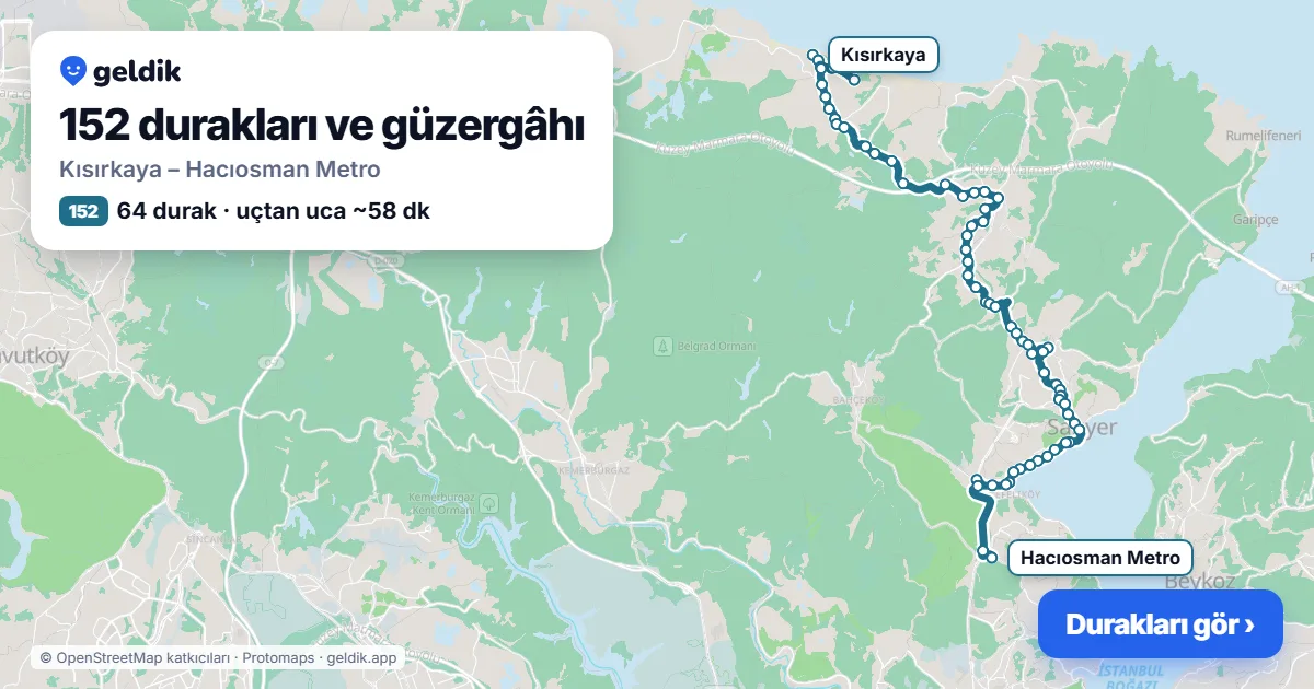 152 otobüs güzergâhı haritası: Kısırkaya – Hacıosman Metro, 64 durak