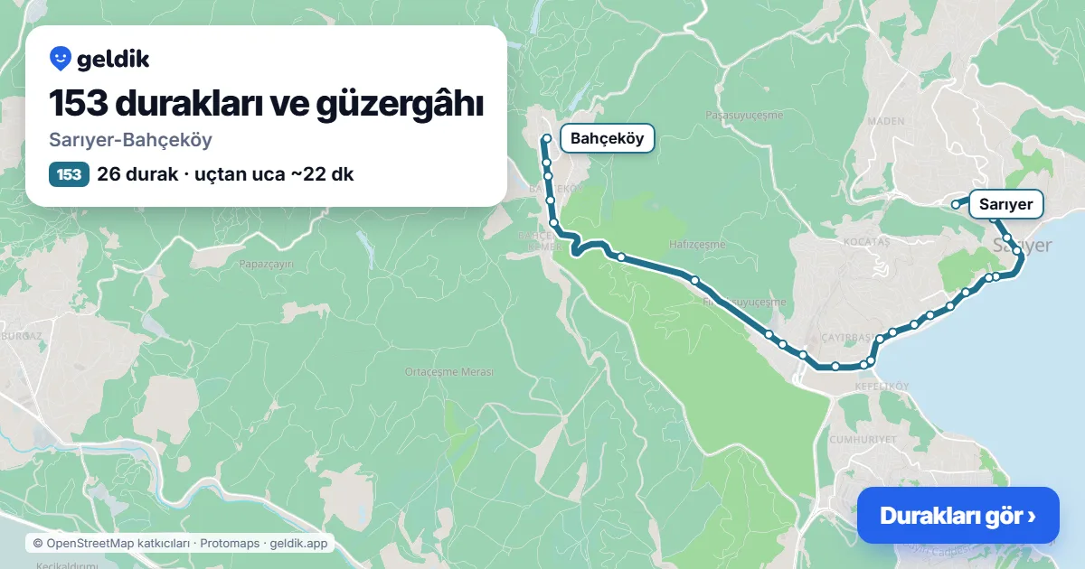 153 otobüs güzergâhı haritası: Sarıyer-Bahçeköy, 26 durak