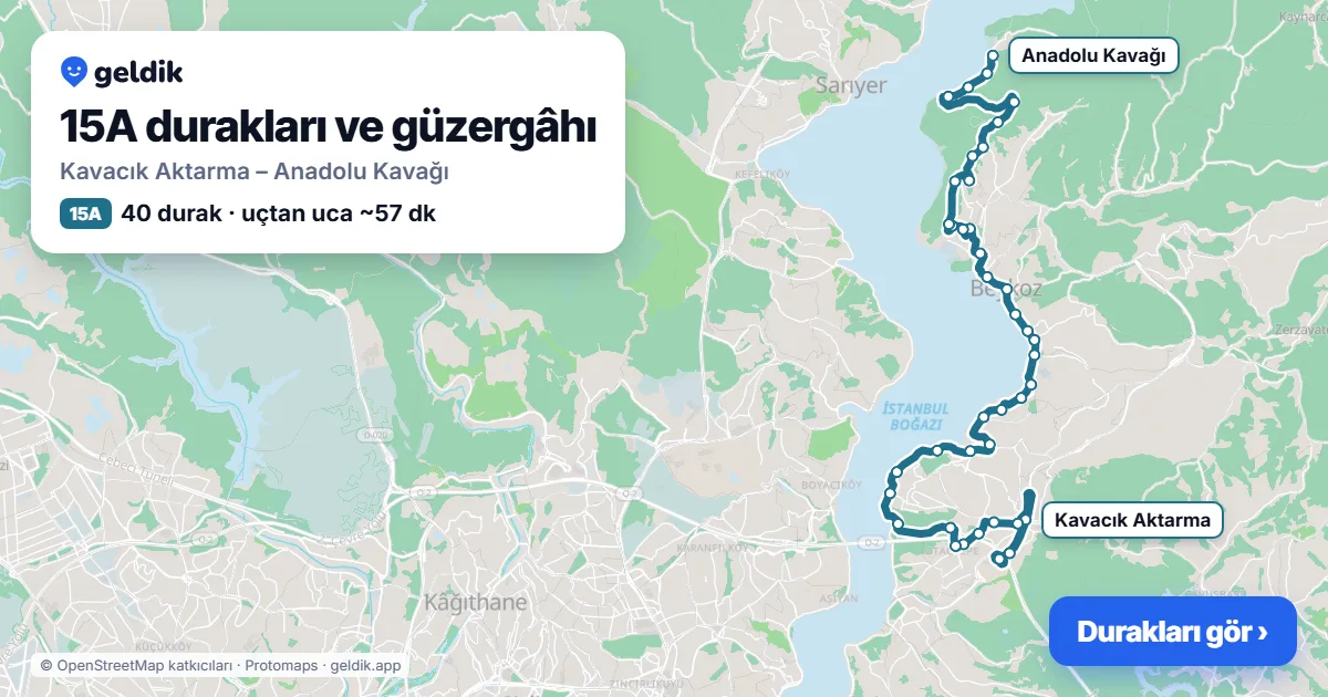 15A otobüs güzergâhı haritası: Kavacık Aktarma – Anadolu Kavağı, 40 durak
