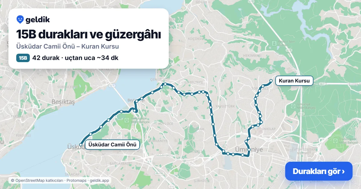 15B otobüs güzergâhı haritası: Üsküdar Camii Önü – Kuran Kursu, 42 durak