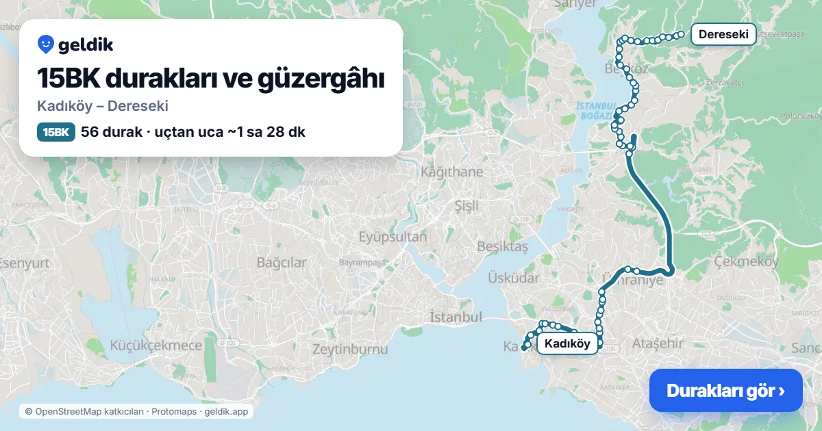 15BK otobüs güzergâhı haritası: Kadıköy – Dereseki, 56 durak