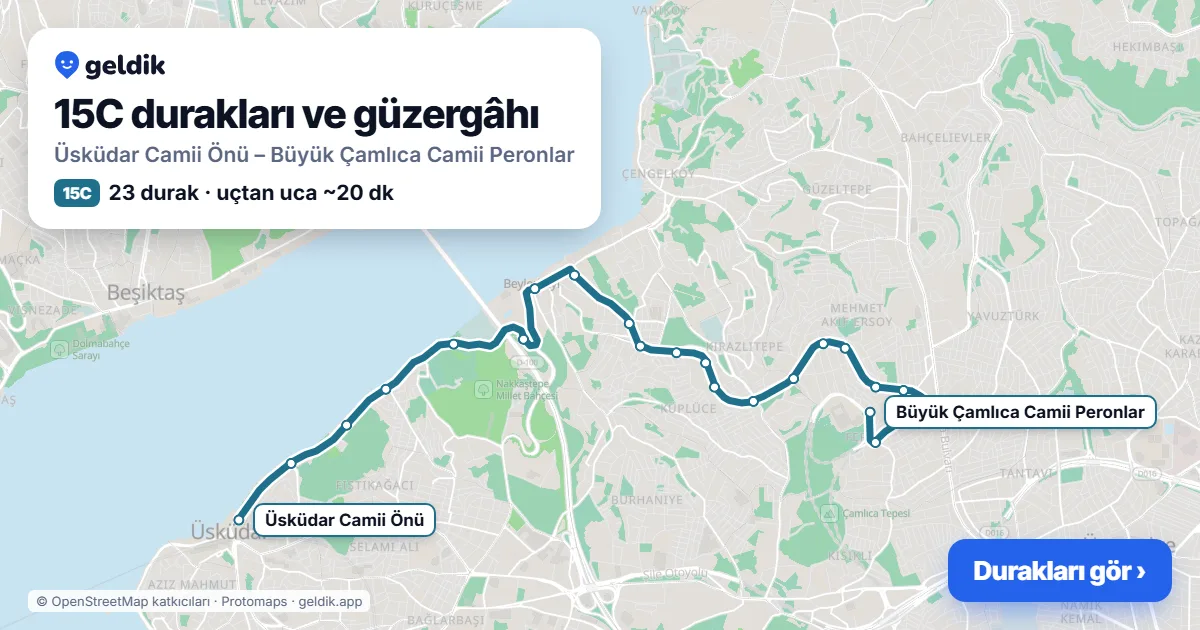 15C otobüs güzergâhı haritası: Üsküdar Camii Önü – Büyük Çamlıca Camii Peronlar, 23 durak