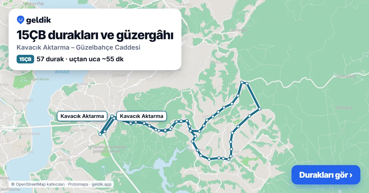 15ÇB otobüs güzergâhı haritası: Kavacık Aktarma – Güzelbahçe Caddesi, 57 durak