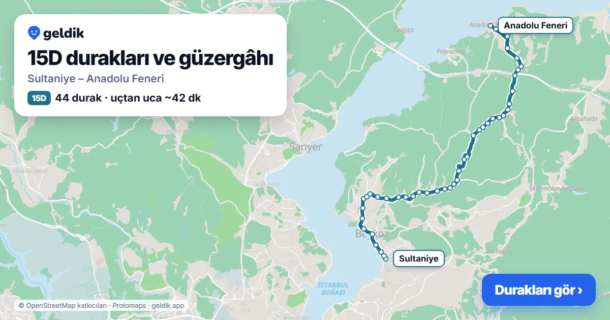 15D otobüs güzergâhı haritası: Sultaniye – Anadolu Feneri, 44 durak