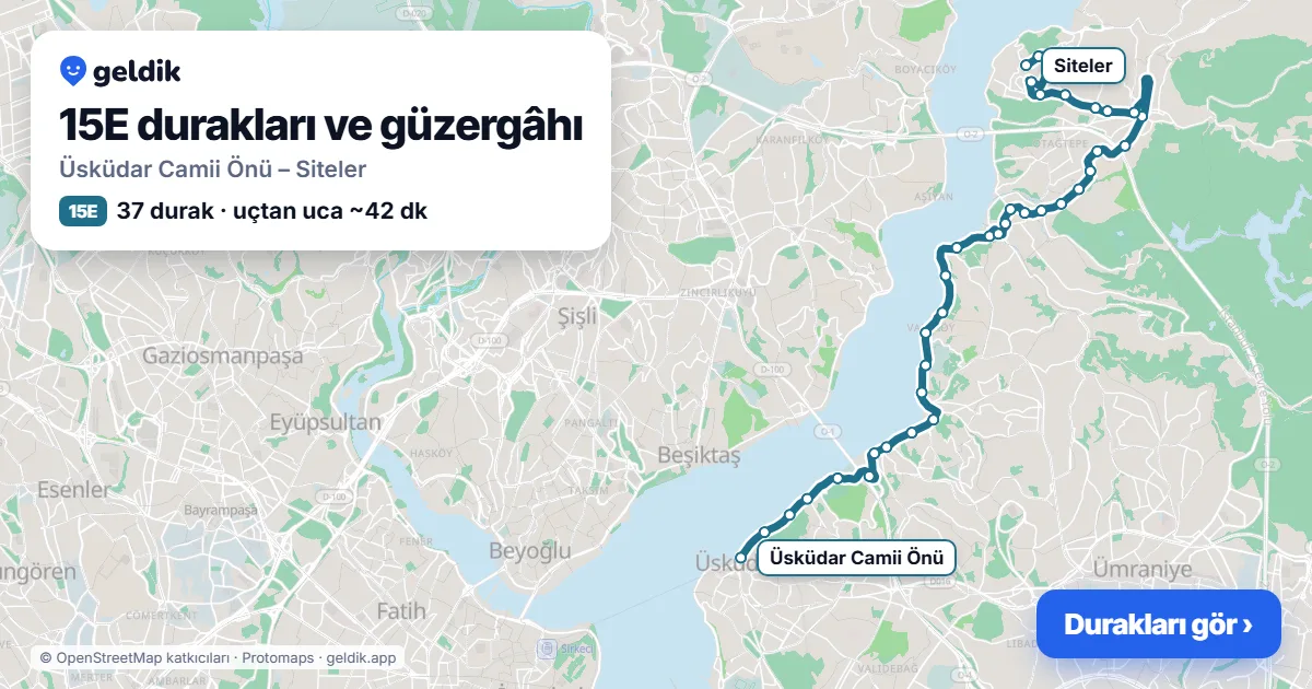 15E otobüs güzergâhı haritası: Üsküdar Camii Önü – Siteler, 37 durak